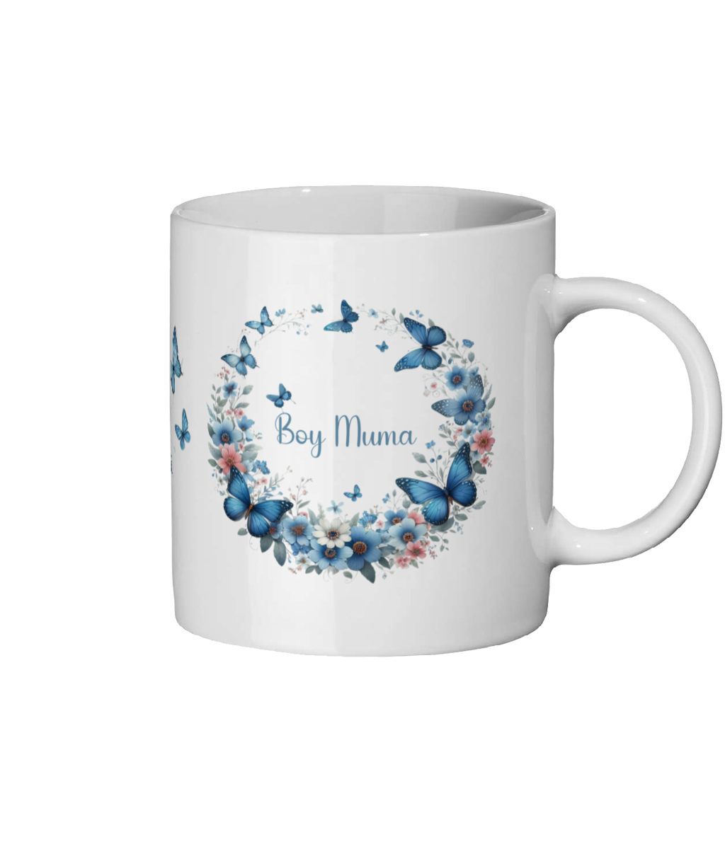 Personalised ‘Boy Muma’ 11oz Ceramic Mug – Blue Butterfly & Floral Design Gift for Mum