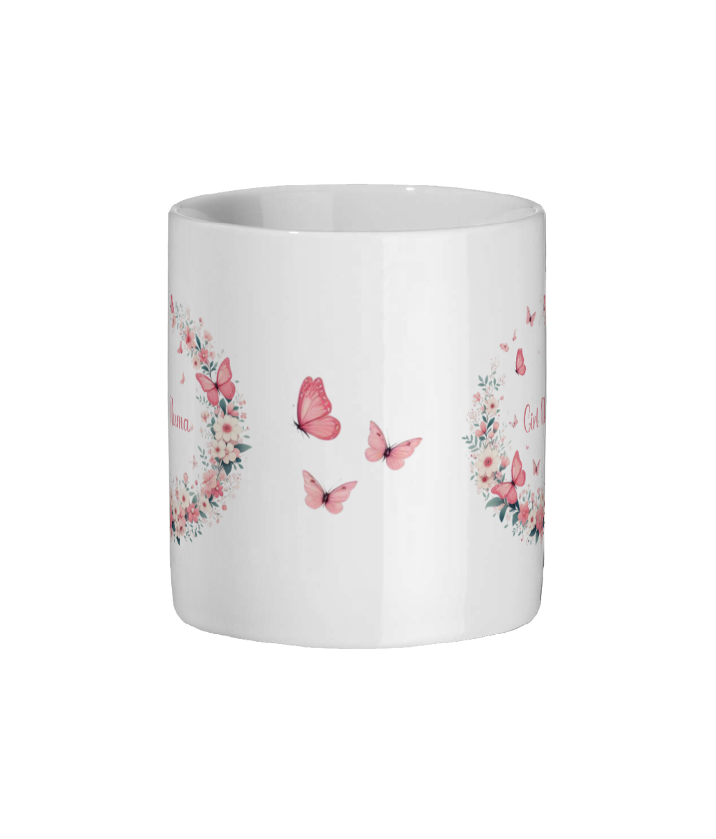 Personalised ‘Girl Muma’ 11oz Ceramic Mug – Pink Butterfly & Floral Gift for Mum