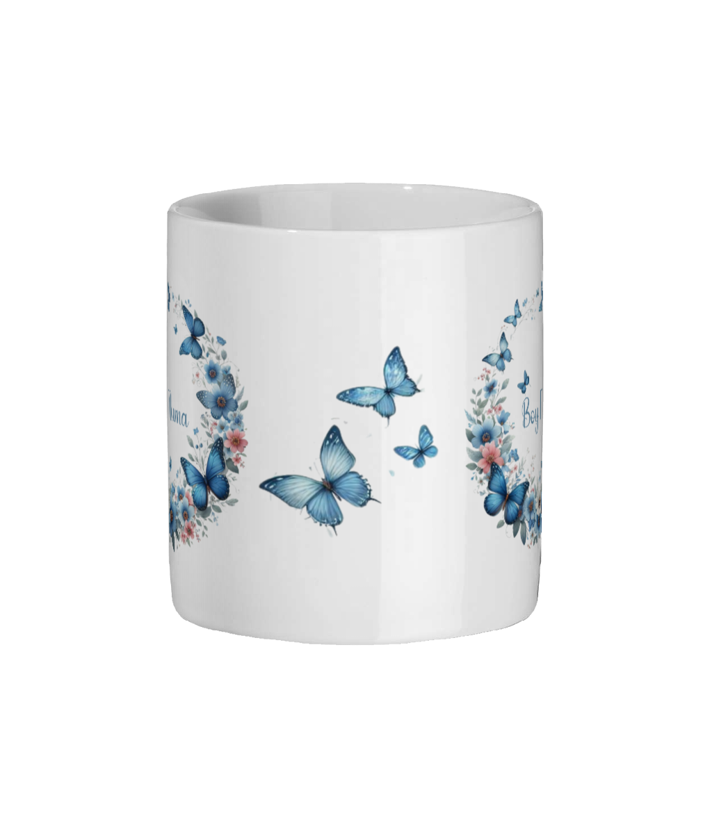 Personalised ‘Boy Muma’ 11oz Ceramic Mug – Blue Butterfly & Floral Design Gift for Mum