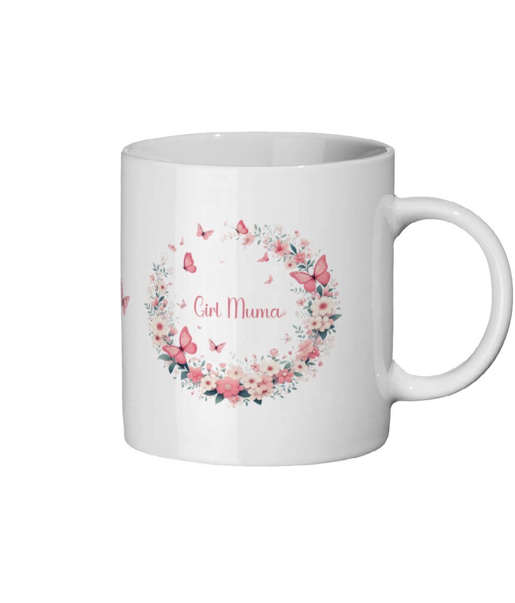 Personalised ‘Girl Muma’ 11oz Ceramic Mug – Pink Butterfly & Floral Gift for Mum